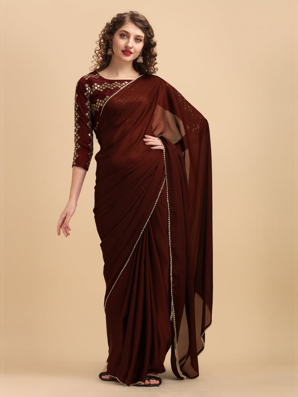 Sangria Coffee Brown & Golden Embroidered Satin Saree - Distacart