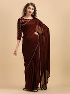 Sangria Coffee Brown & Golden Embroidered Satin Saree - Distacart
