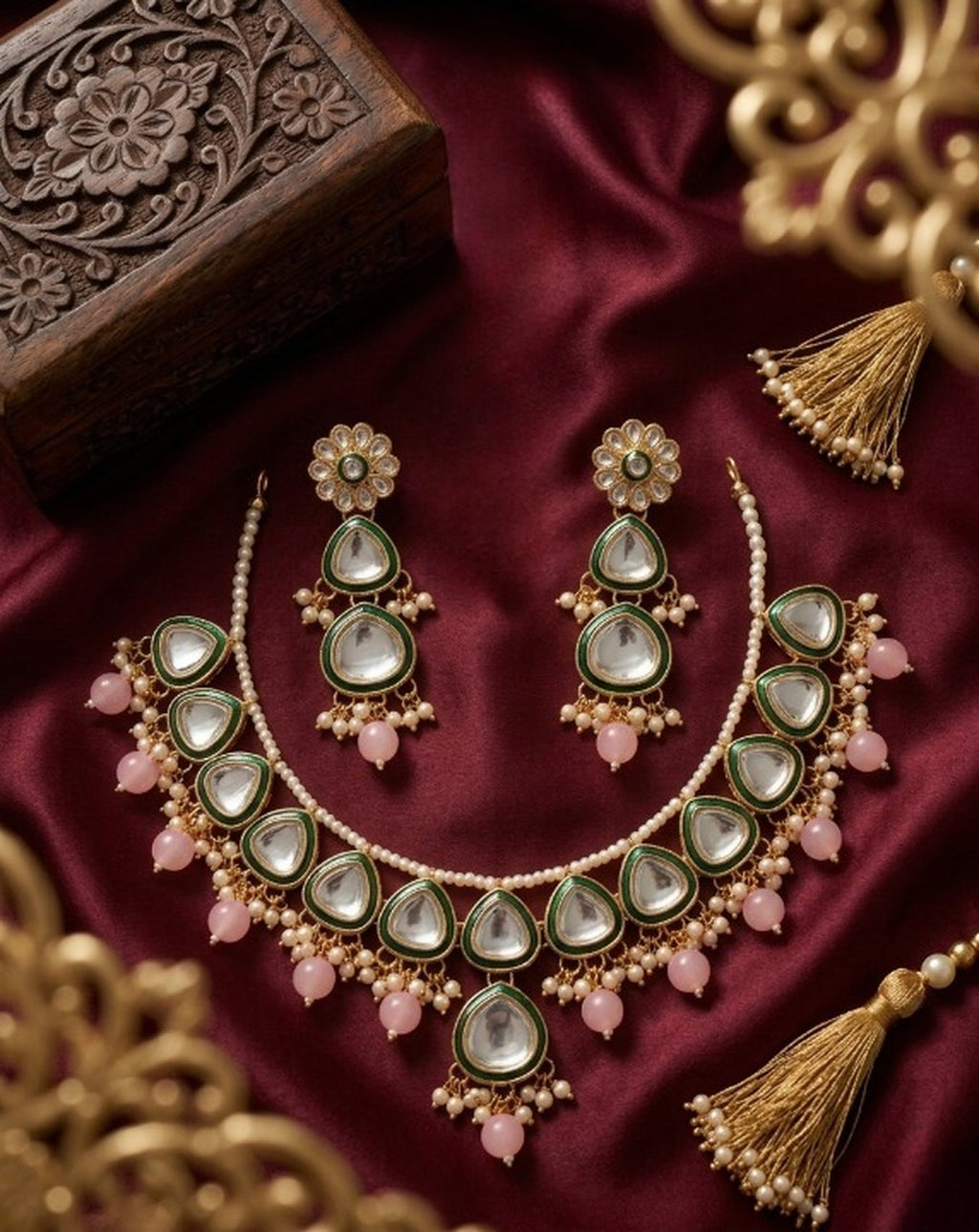 Jewel City undan Gold-Plated Pink Pearl Choker Necklace Set | Indian Ethnic Bridal Wedding Jewellery | Handcrafted - Distacart