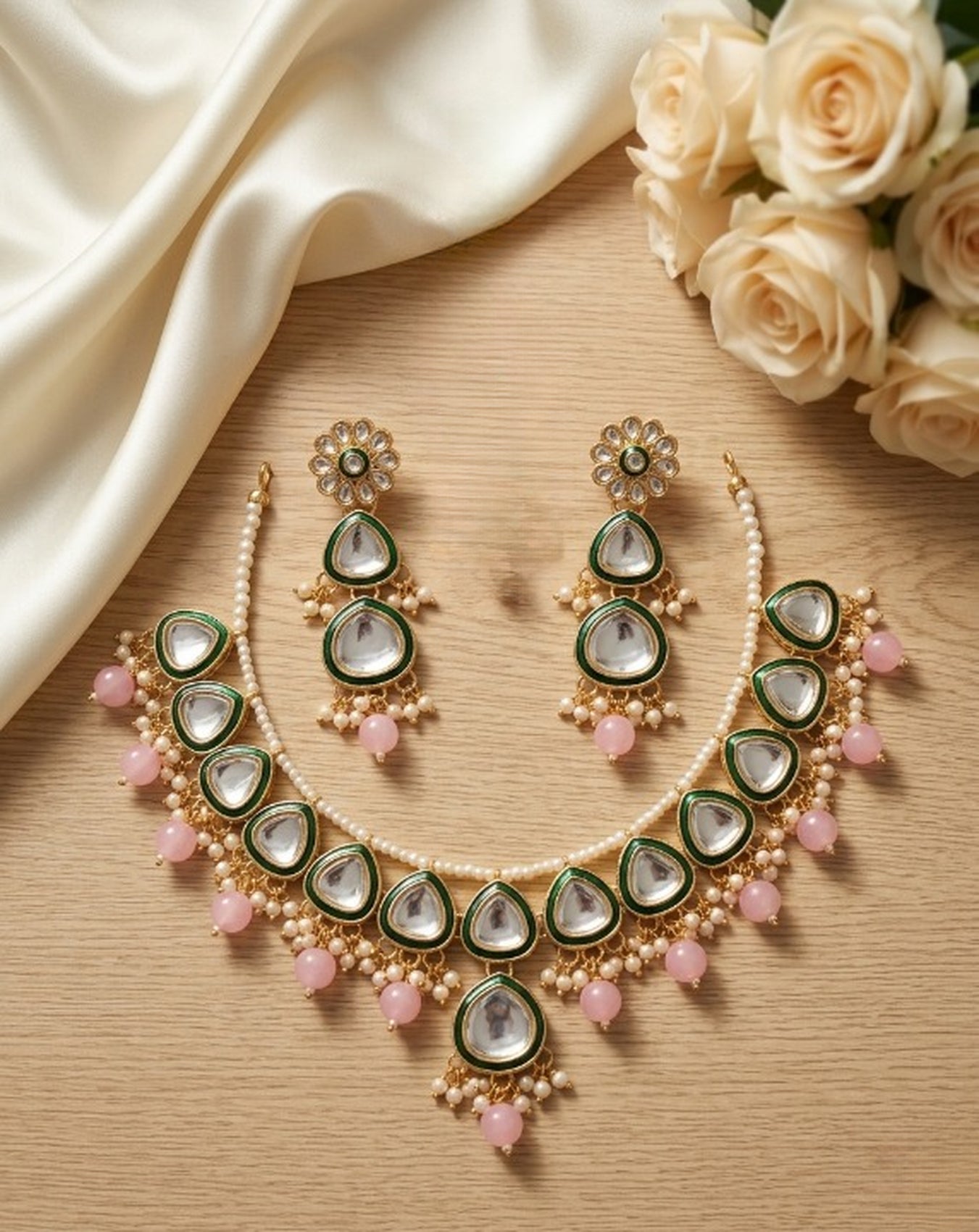 Jewel City undan Gold-Plated Pink Pearl Choker Necklace Set | Indian Ethnic Bridal Wedding Jewellery | Handcrafted - Distacart