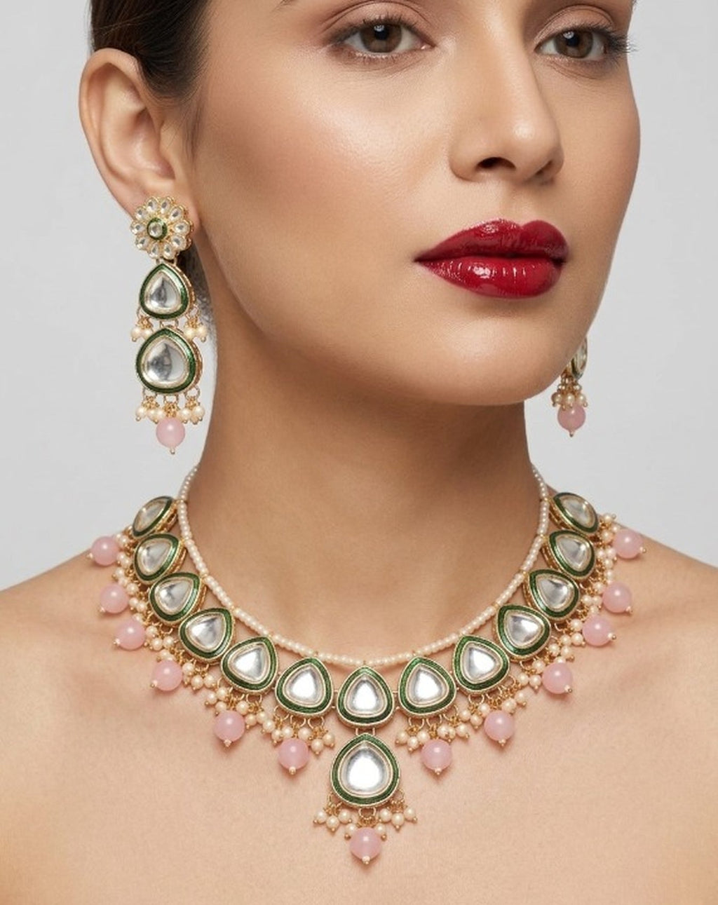 Jewel City undan Gold-Plated Pink Pearl Choker Necklace Set | Indian Ethnic Bridal Wedding Jewellery | Handcrafted - Distacart