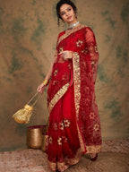 Sangria Floral Embroidered Net Sarees - Distacart
