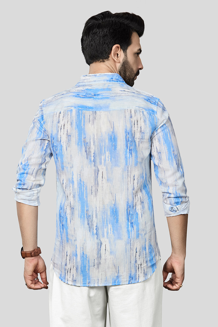 Xkind Skyblue Linen Printed Slim Fit Shirt