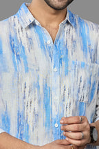 Xkind Skyblue Linen Printed Slim Fit Shirt