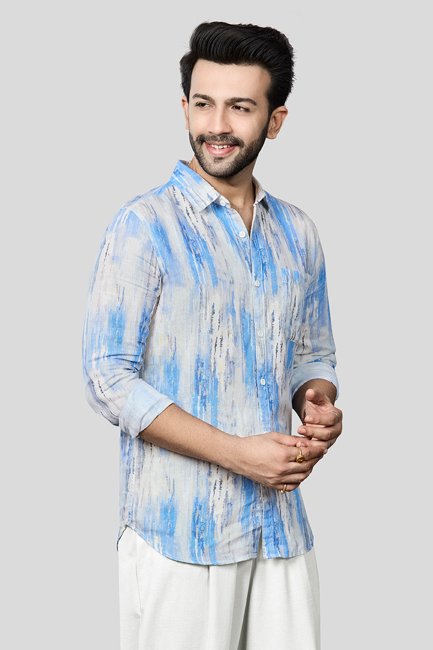 Xkind Skyblue Linen Printed Slim Fit Shirt