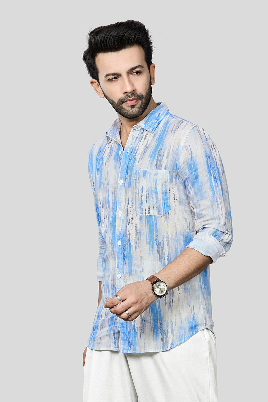 Xkind Skyblue Linen Printed Slim Fit Shirt