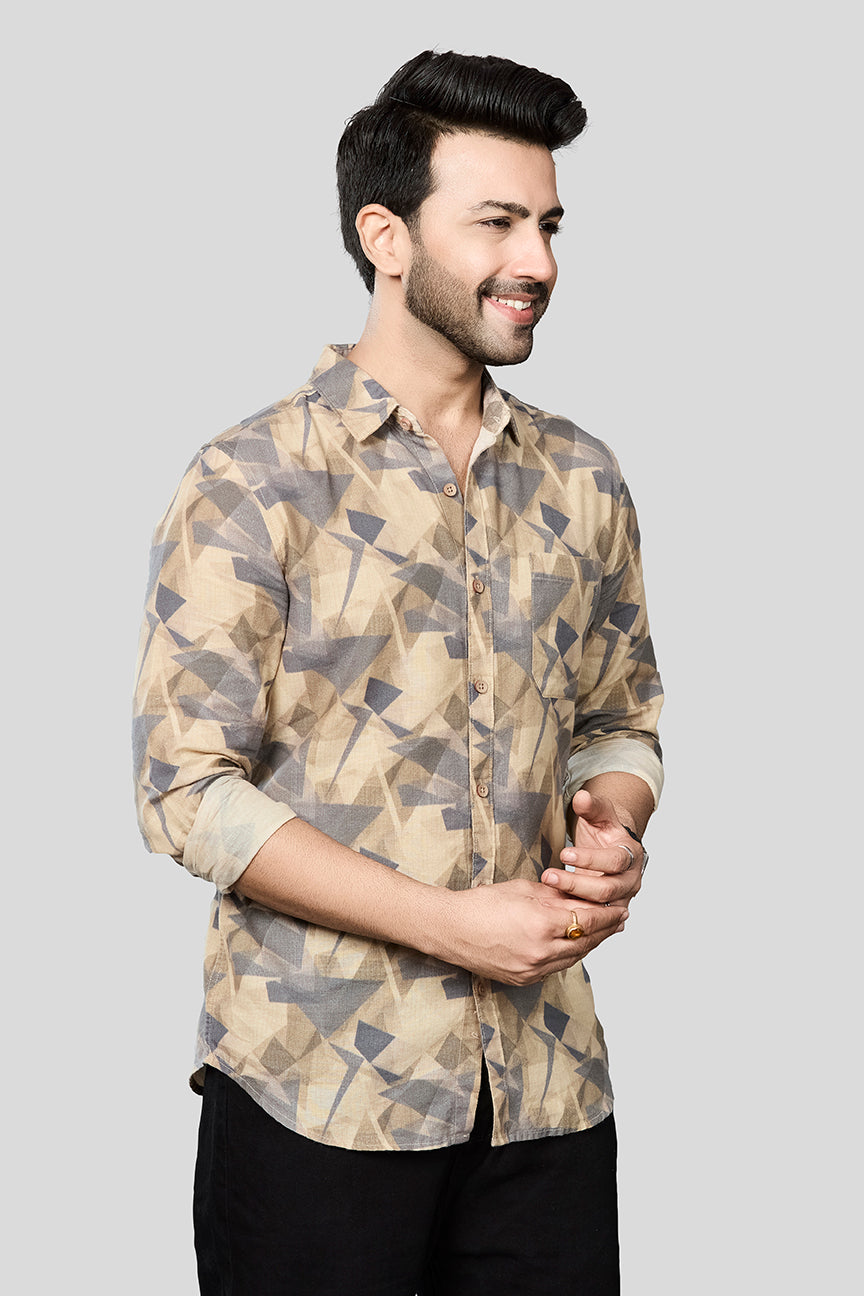 Xkind Beige Linen Printed Shirt