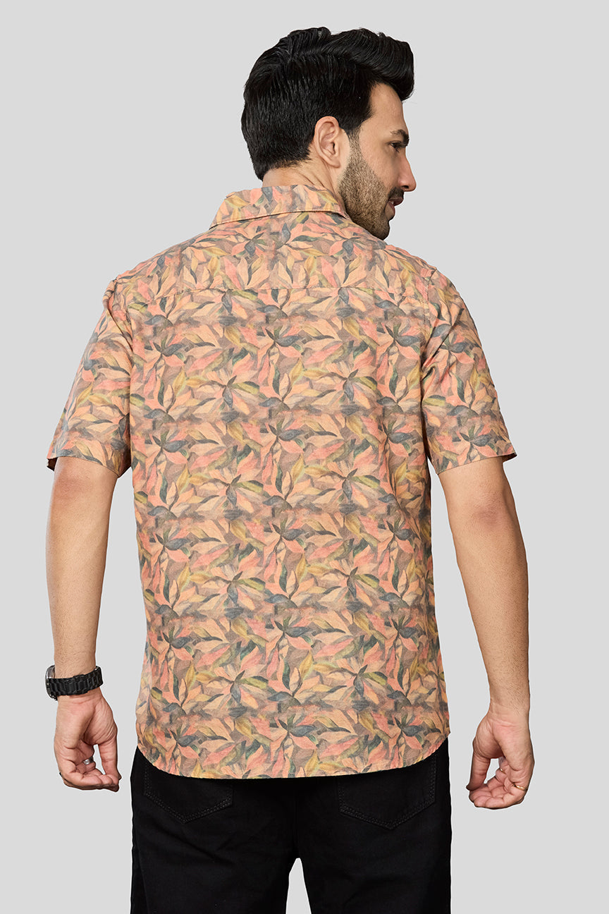 Xkind Orange Linen Printed Shirt