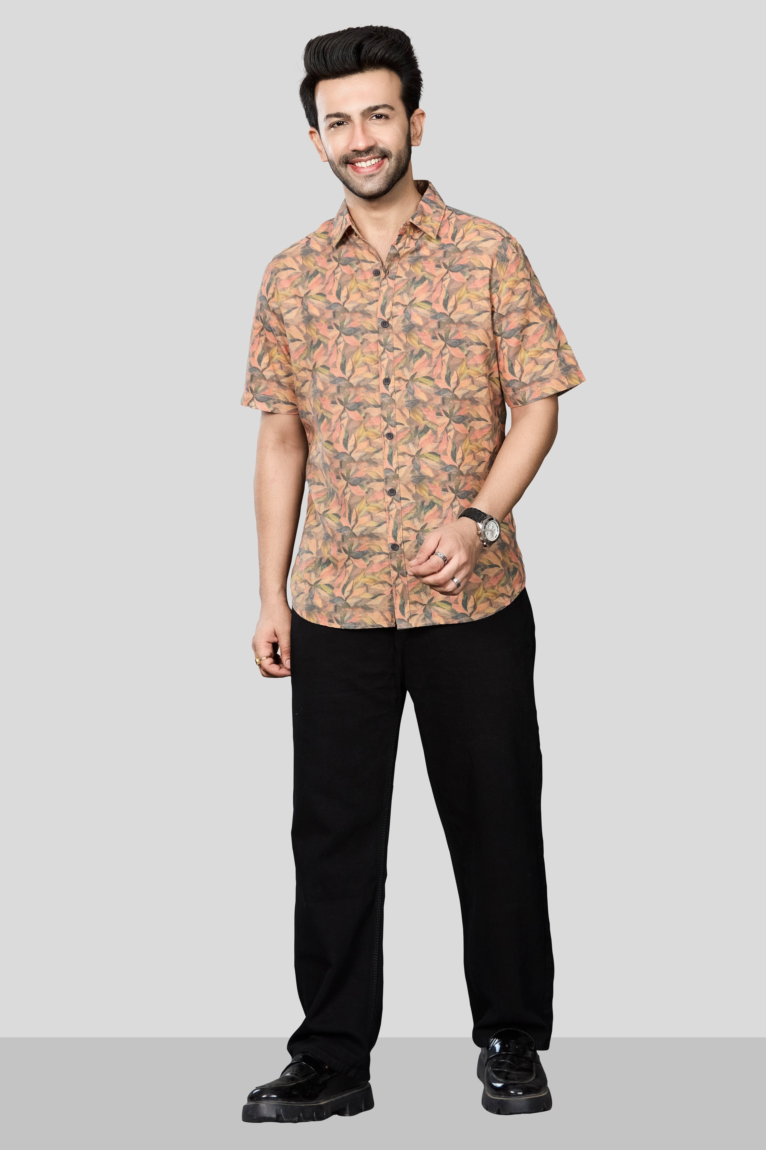 Xkind Orange Linen Printed Shirt