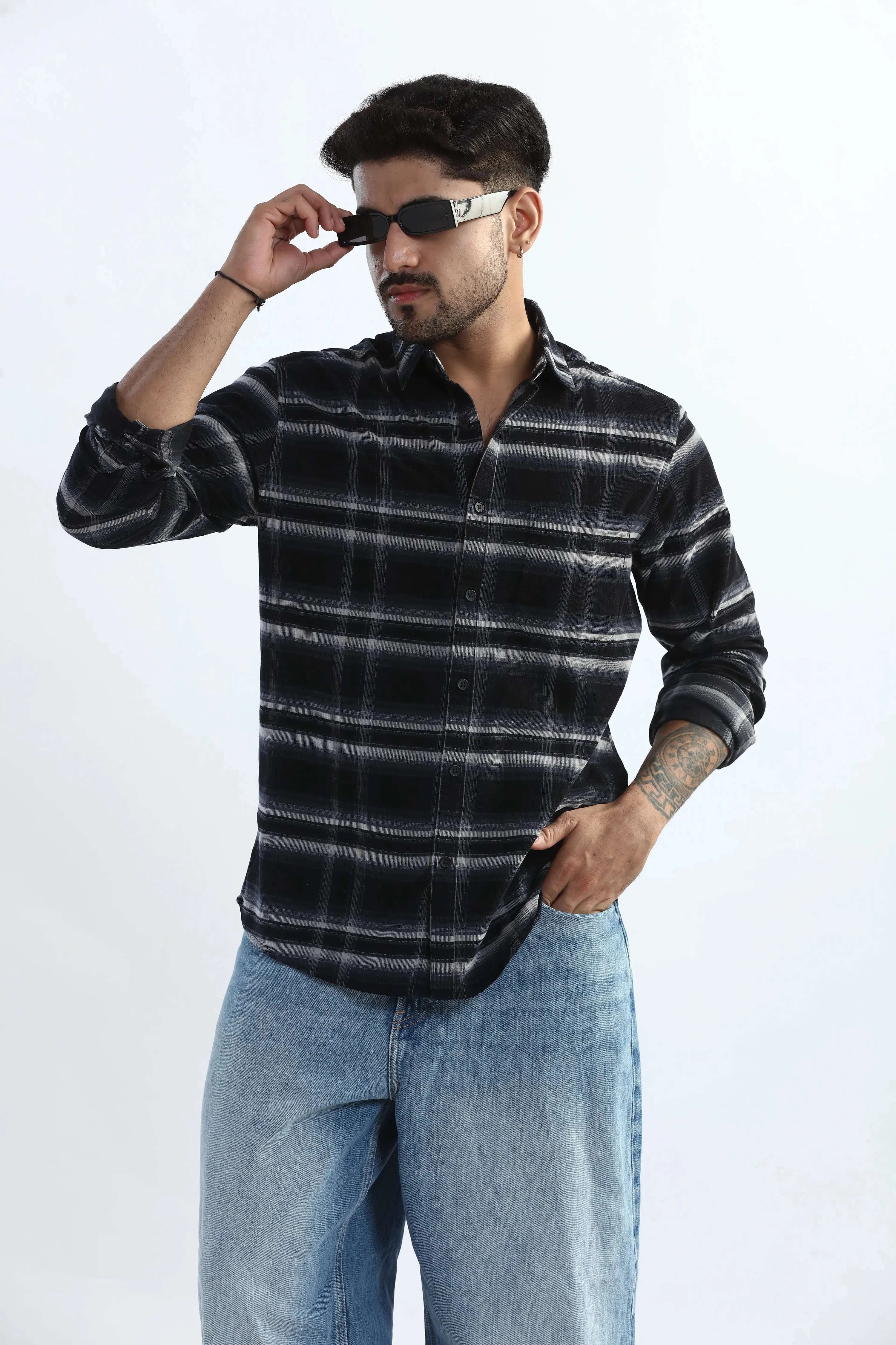 Xkind Black Fine Corduroy Checks Regular Fit Shirt