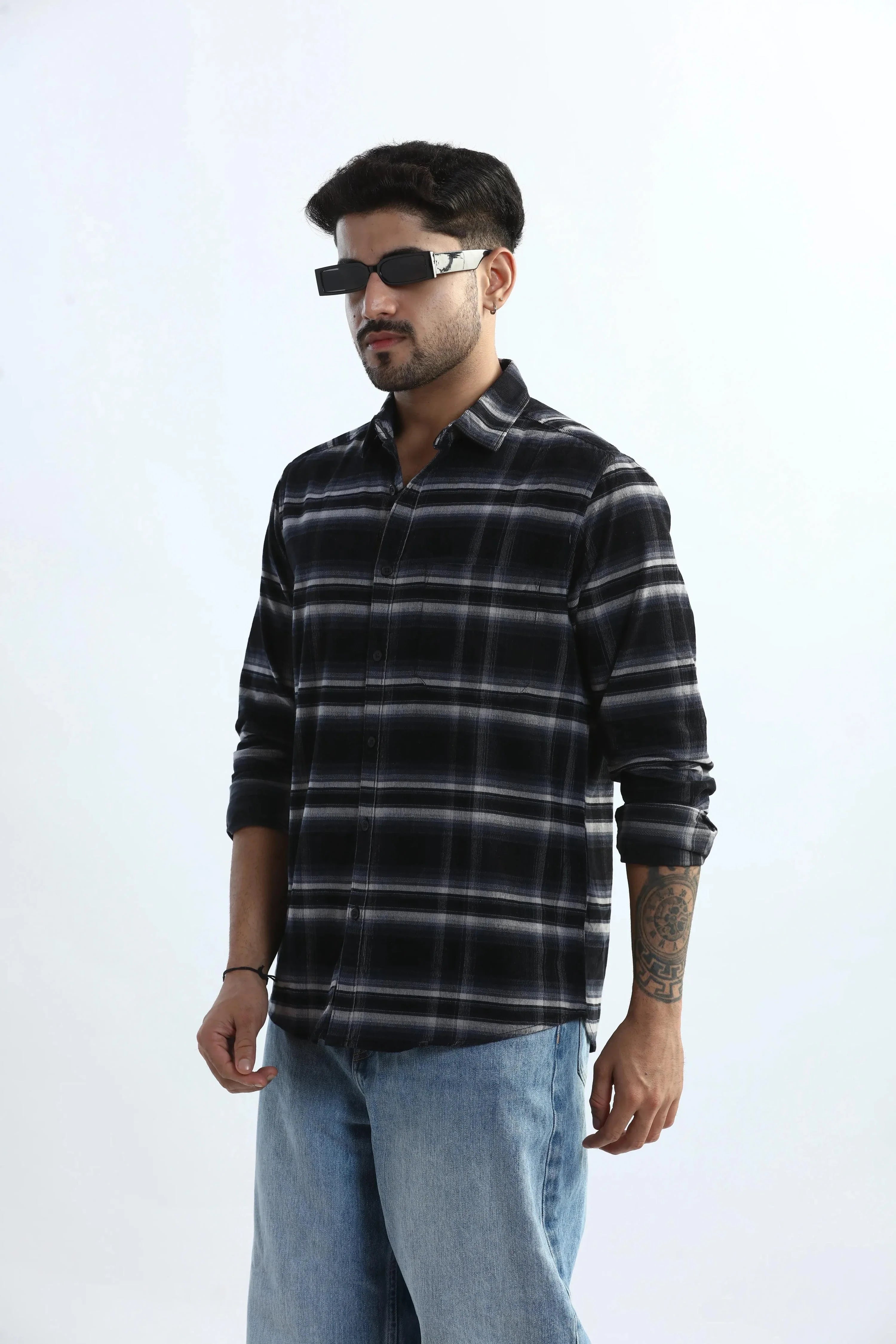 Xkind Black Fine Corduroy Checks Regular Fit Shirt