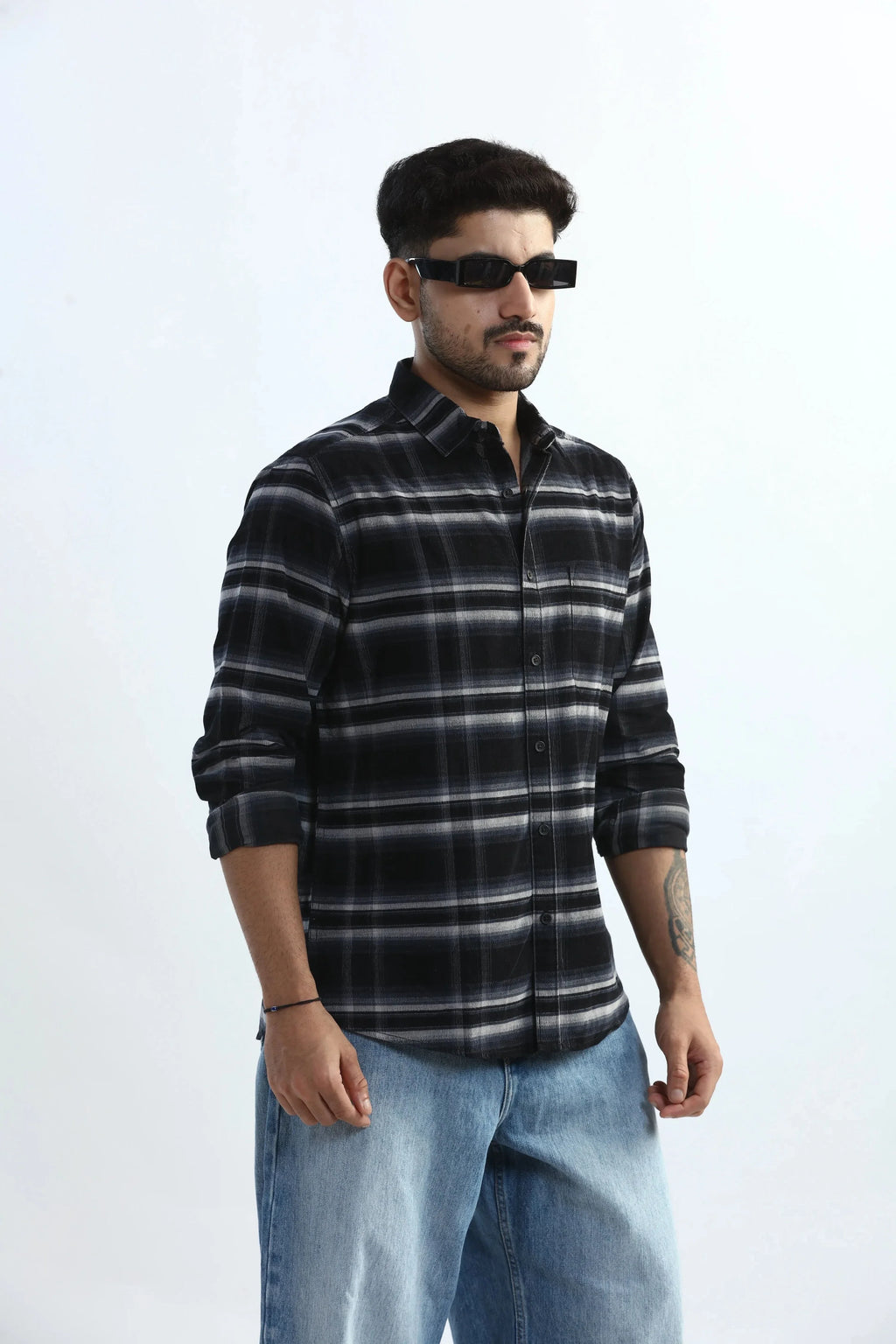 Xkind Black Fine Corduroy Checks Regular Fit Shirt
