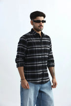 Xkind Black Fine Corduroy Checks Regular Fit Shirt
