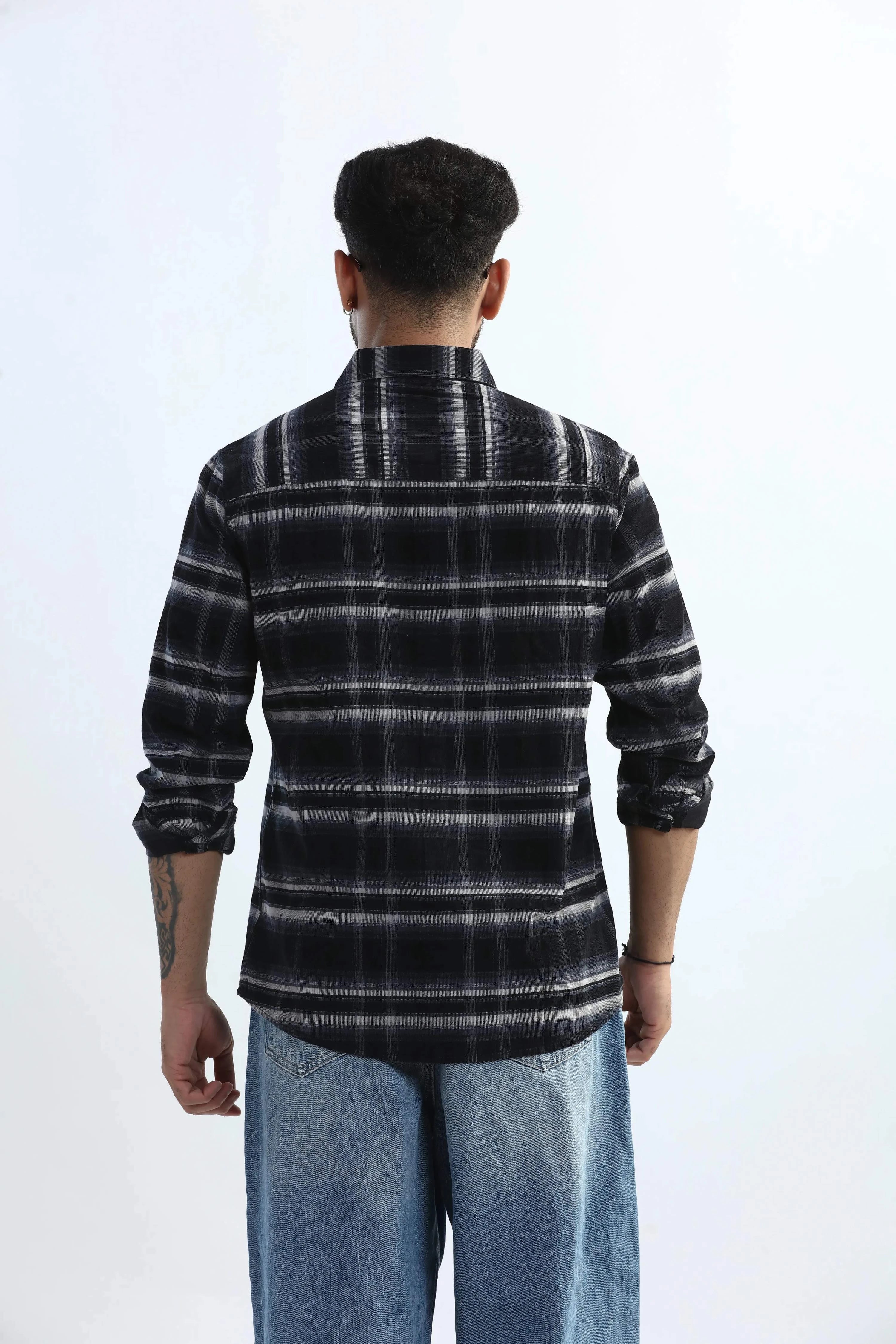 Xkind Black Fine Corduroy Checks Regular Fit Shirt