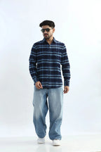 Xkind Men's Navy Blue Fine Corduroy Checks Regular Fit Shirt