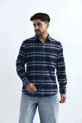Xkind Men's Navy Blue Fine Corduroy Checks Regular Fit Shirt