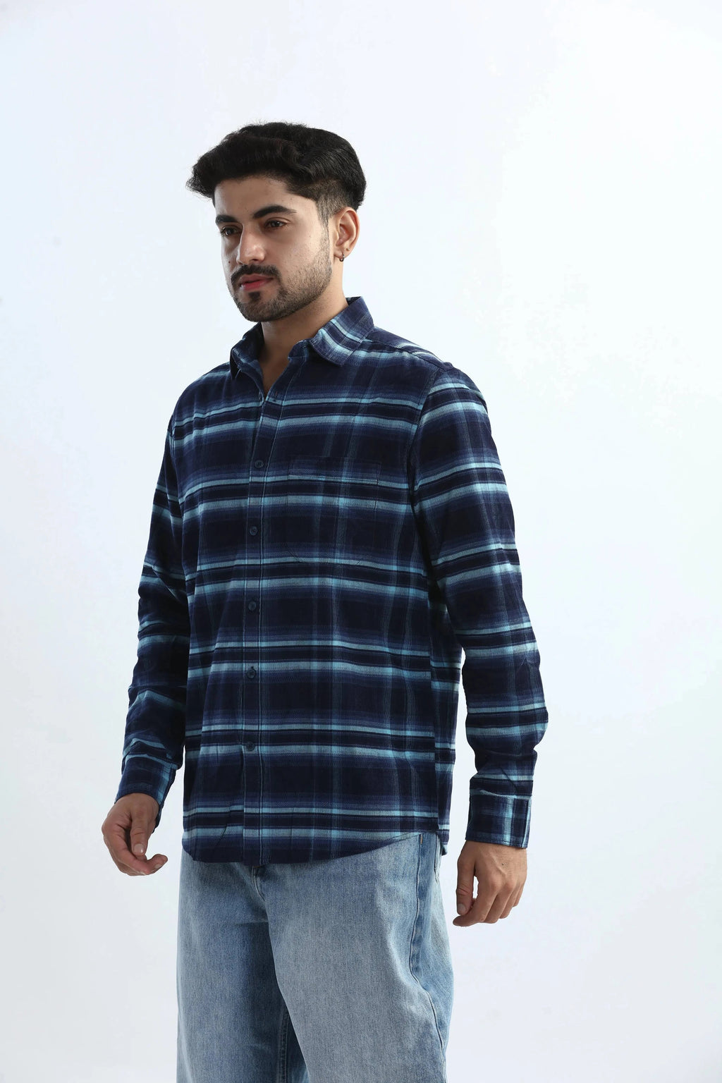 Xkind Men's Navy Blue Fine Corduroy Checks Regular Fit Shirt