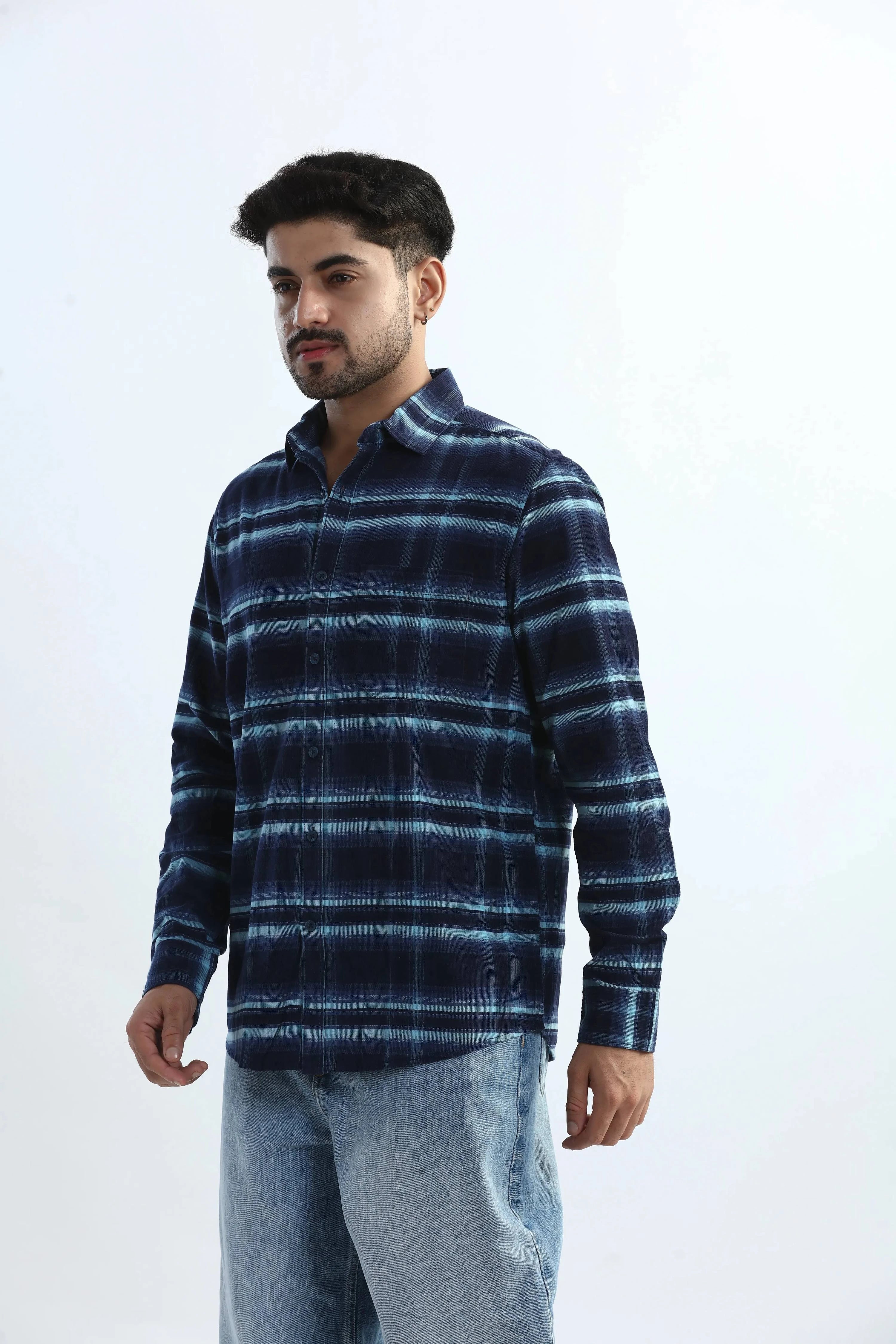 Xkind Men's Navy Blue Fine Corduroy Checks Regular Fit Shirt