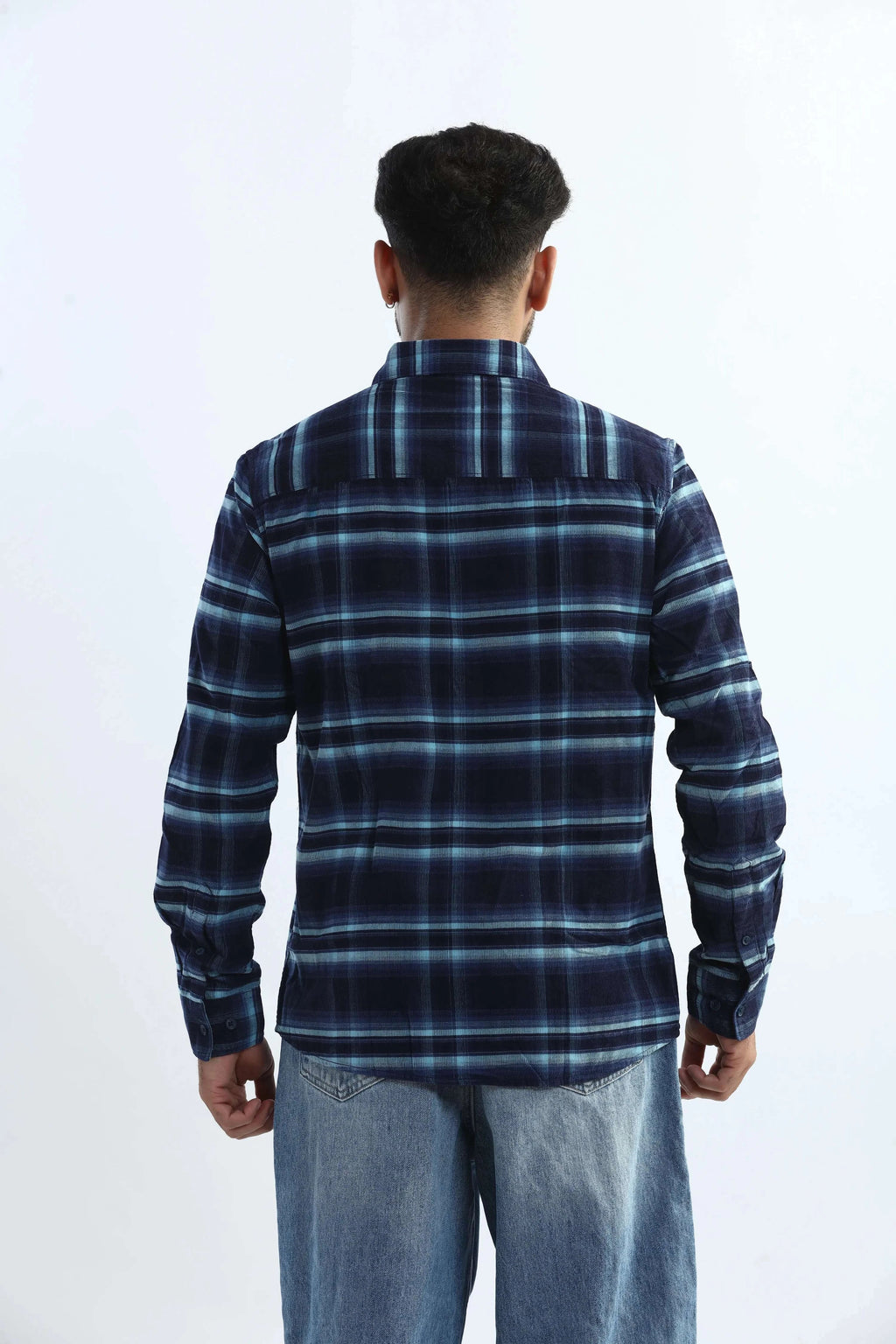 Xkind Men's Navy Blue Fine Corduroy Checks Regular Fit Shirt