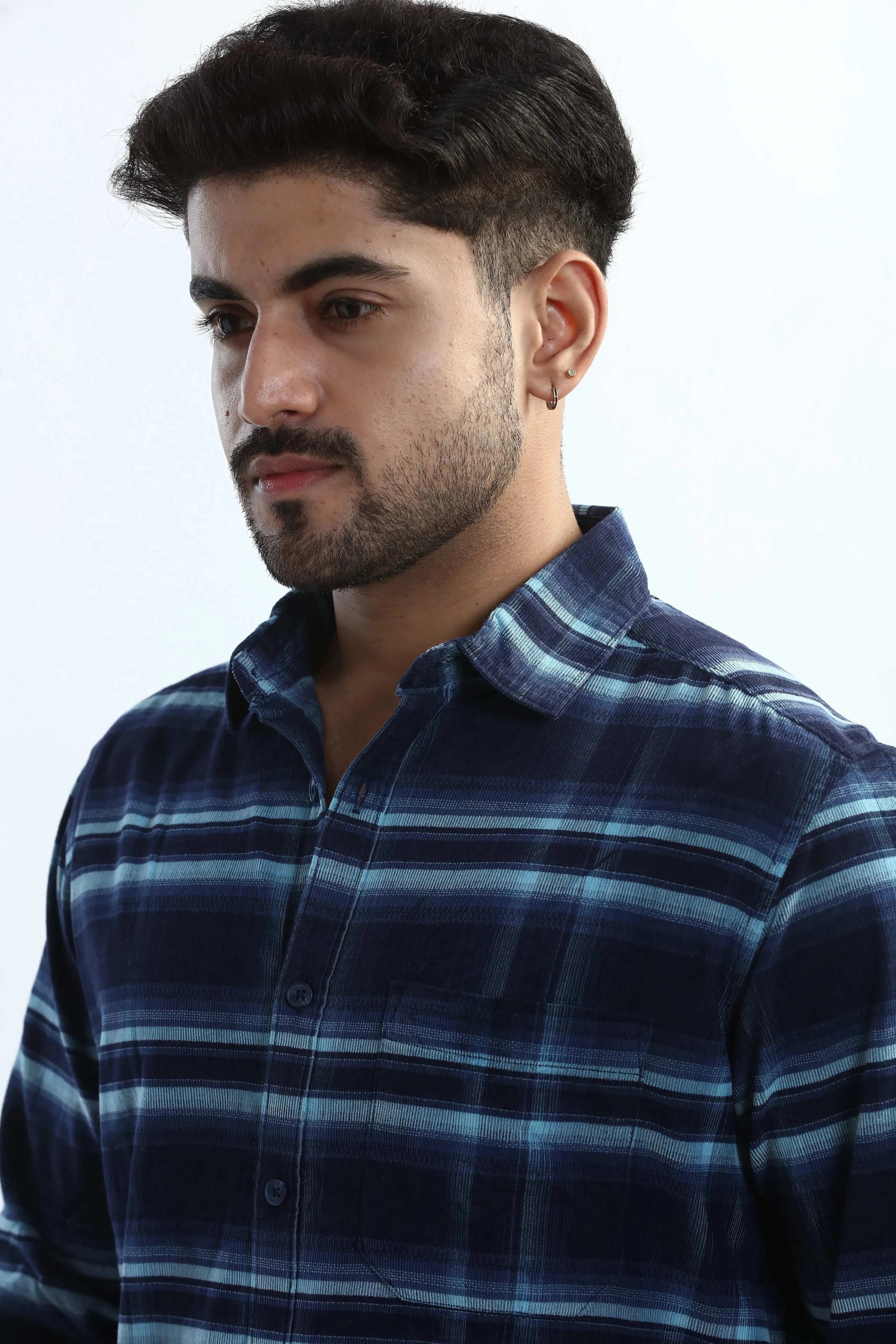 Xkind Men's Navy Blue Fine Corduroy Checks Regular Fit Shirt