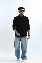 Xkind Men's Black Fine Corduroy Regular Fit Shirt