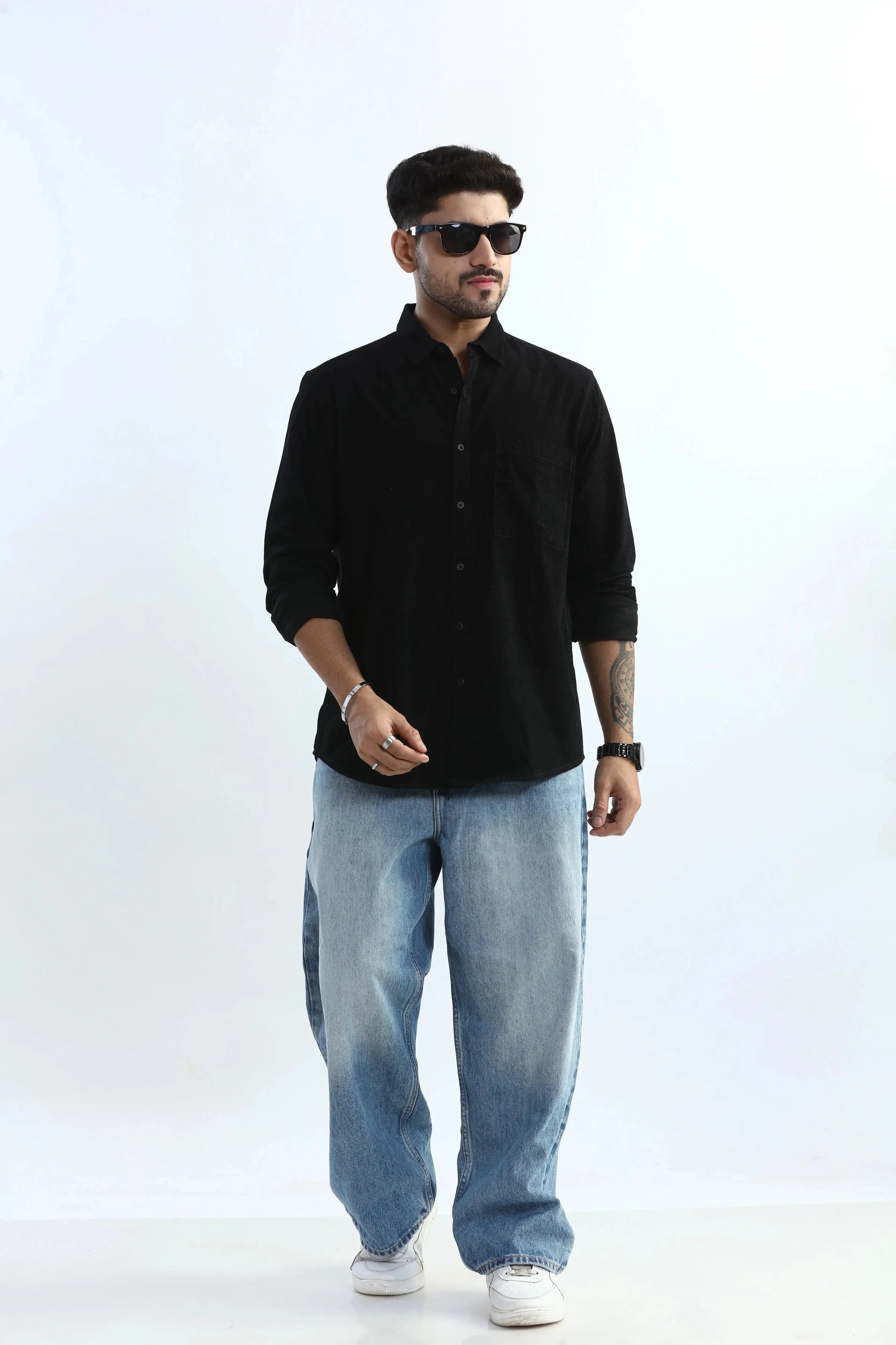 Xkind Men's Black Fine Corduroy Regular Fit Shirt