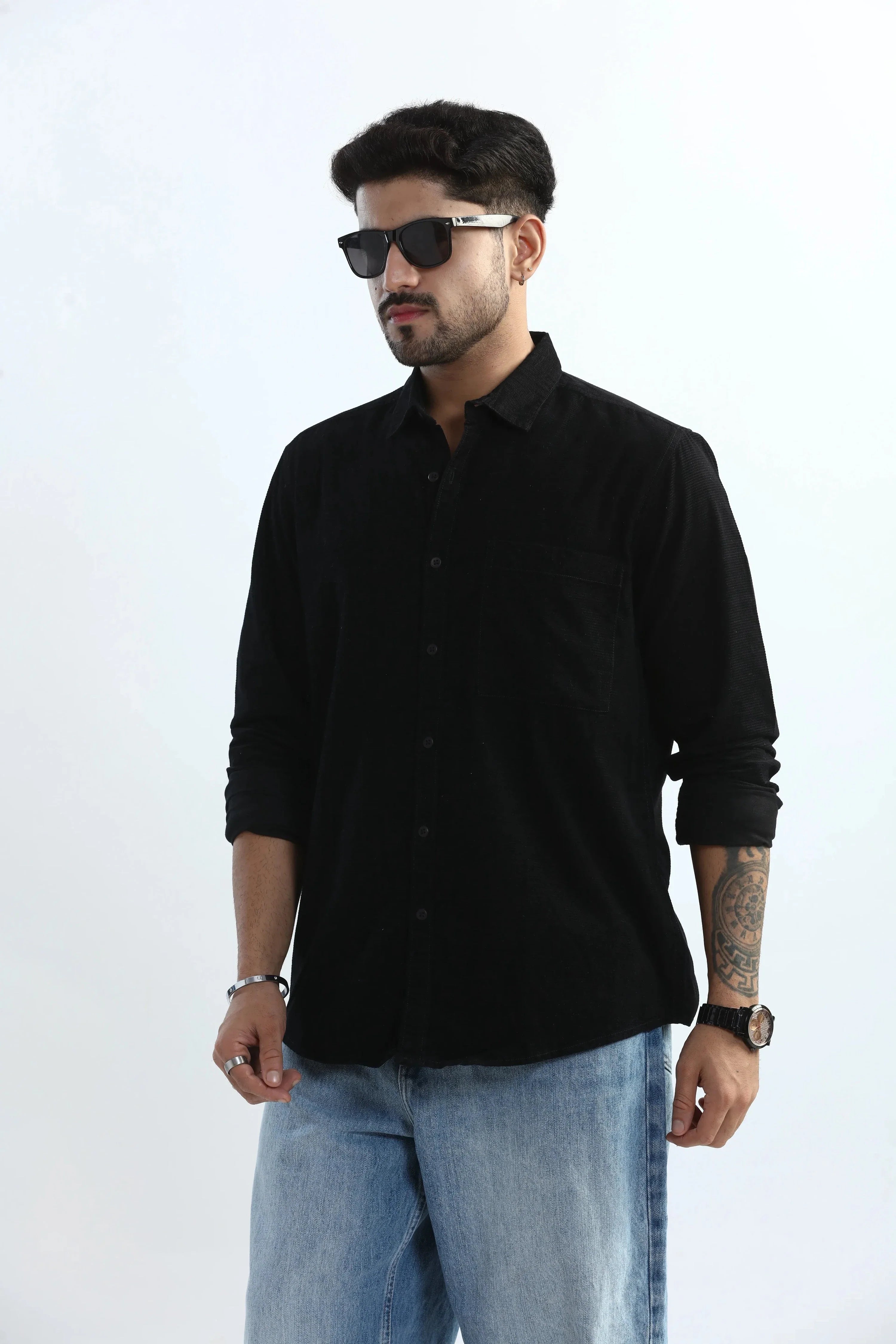 Xkind Men's Black Fine Corduroy Regular Fit Shirt