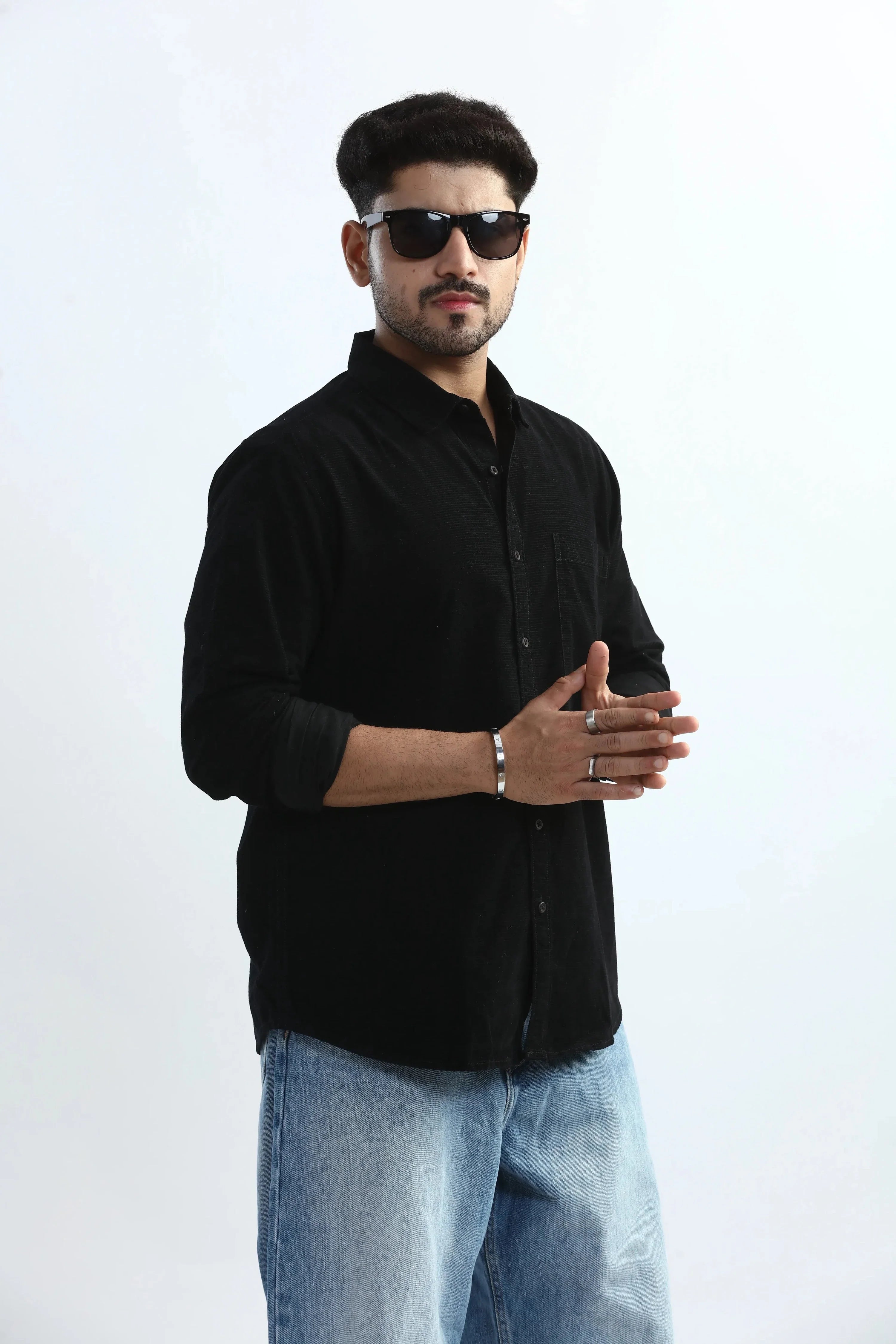 Xkind Men's Black Fine Corduroy Regular Fit Shirt