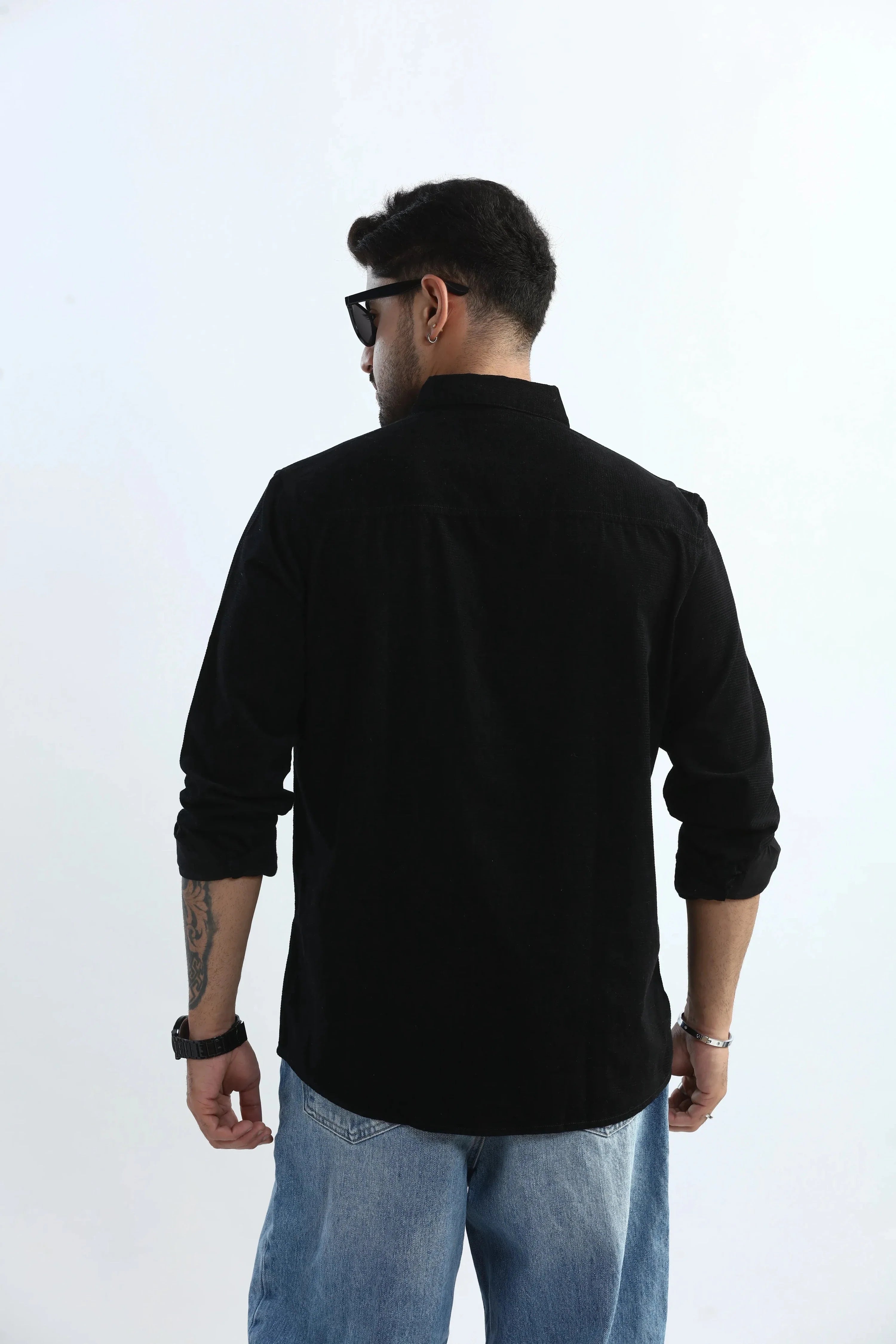 Xkind Men's Black Fine Corduroy Regular Fit Shirt