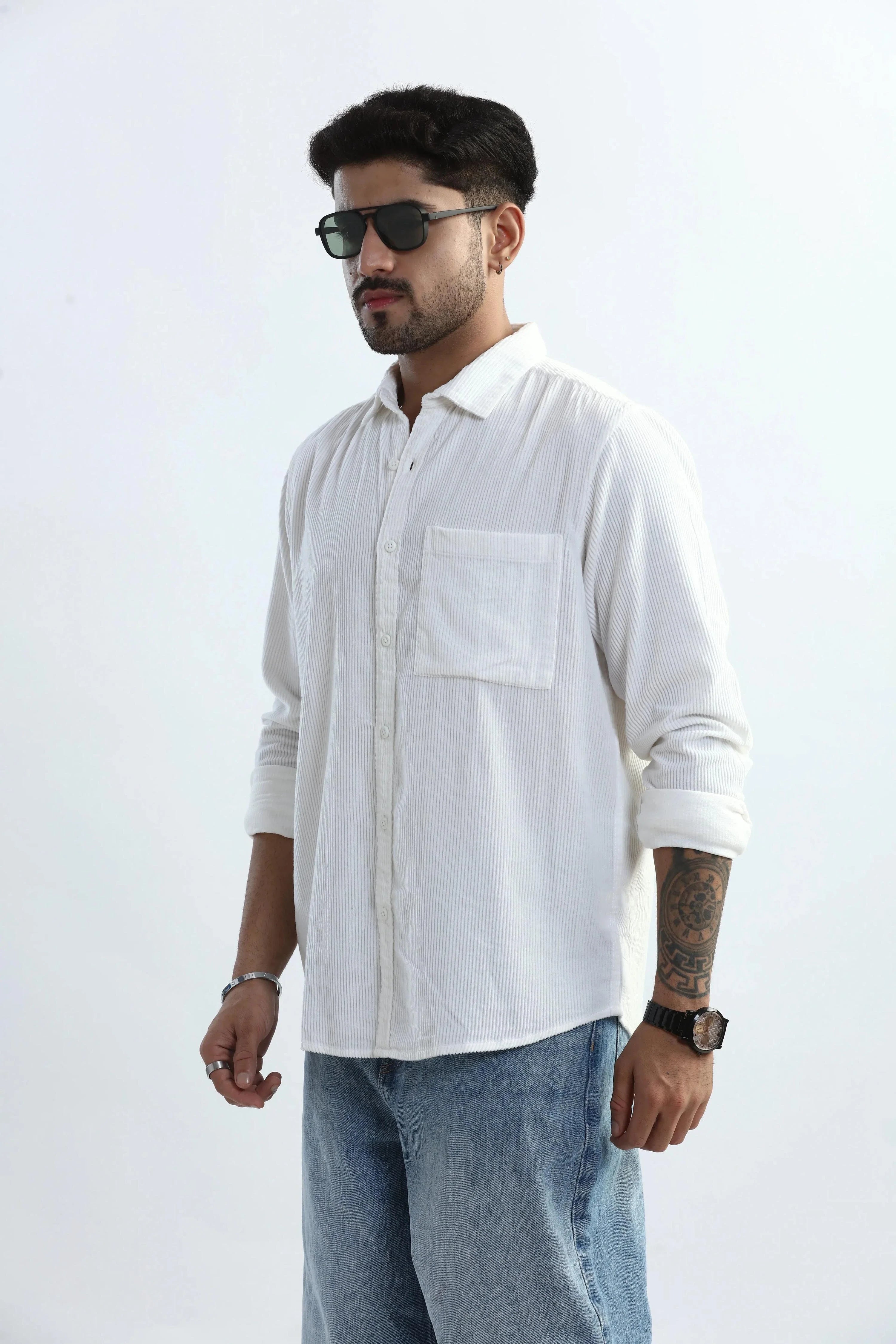 Xkind Men's White Corduroy Regular Fit Shirt