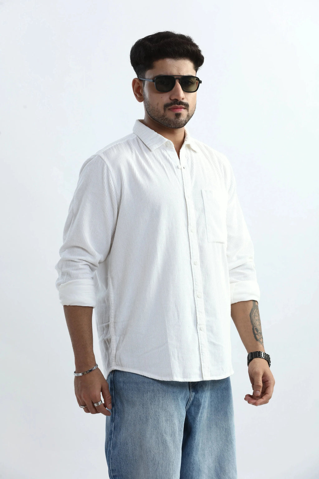 Xkind Men's White Corduroy Regular Fit Shirt