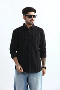 Xkind Men's Black Corduroy Suede Striped Slim Fit Shirt