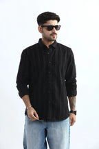 Xkind Men's Black Corduroy Suede Striped Slim Fit Shirt