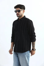 Xkind Men's Black Corduroy Suede Striped Slim Fit Shirt