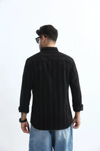 Xkind Men's Black Corduroy Suede Striped Slim Fit Shirt