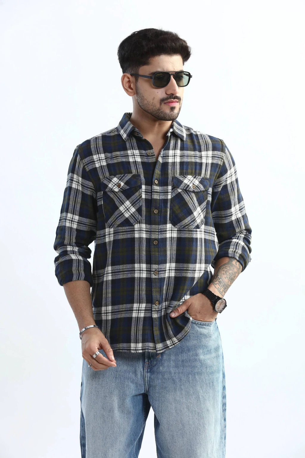 Xkind Men's Navy Blue Textured Checks Regular Fit Shirt