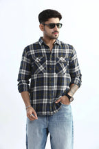 Xkind Men's Navy Blue Textured Checks Regular Fit Shirt