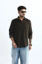 Xkind Men's Dark Grey Corduroy Regular Fit Shirt