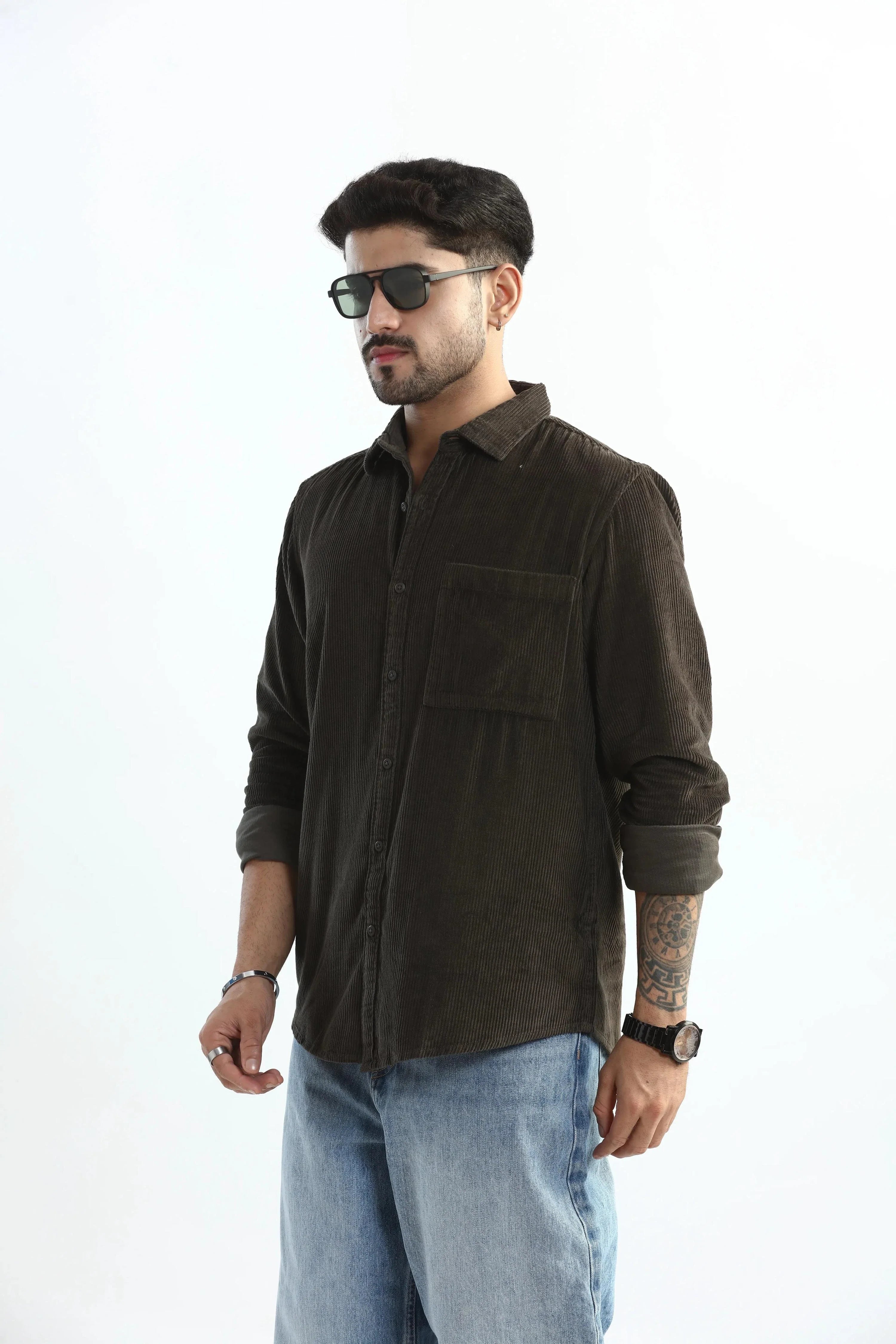 Xkind Men's Dark Grey Corduroy Regular Fit Shirt
