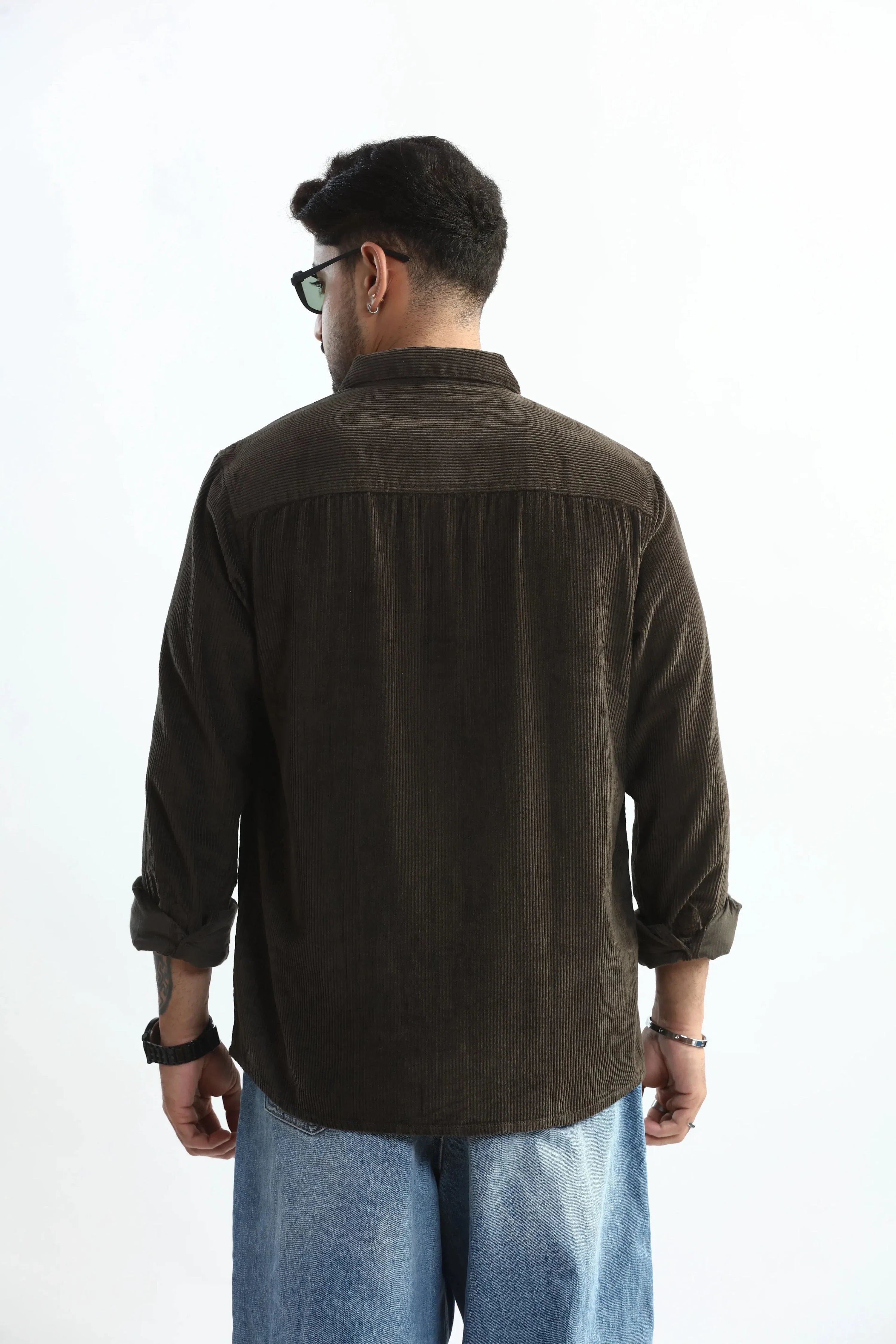 Xkind Men's Dark Grey Corduroy Regular Fit Shirt