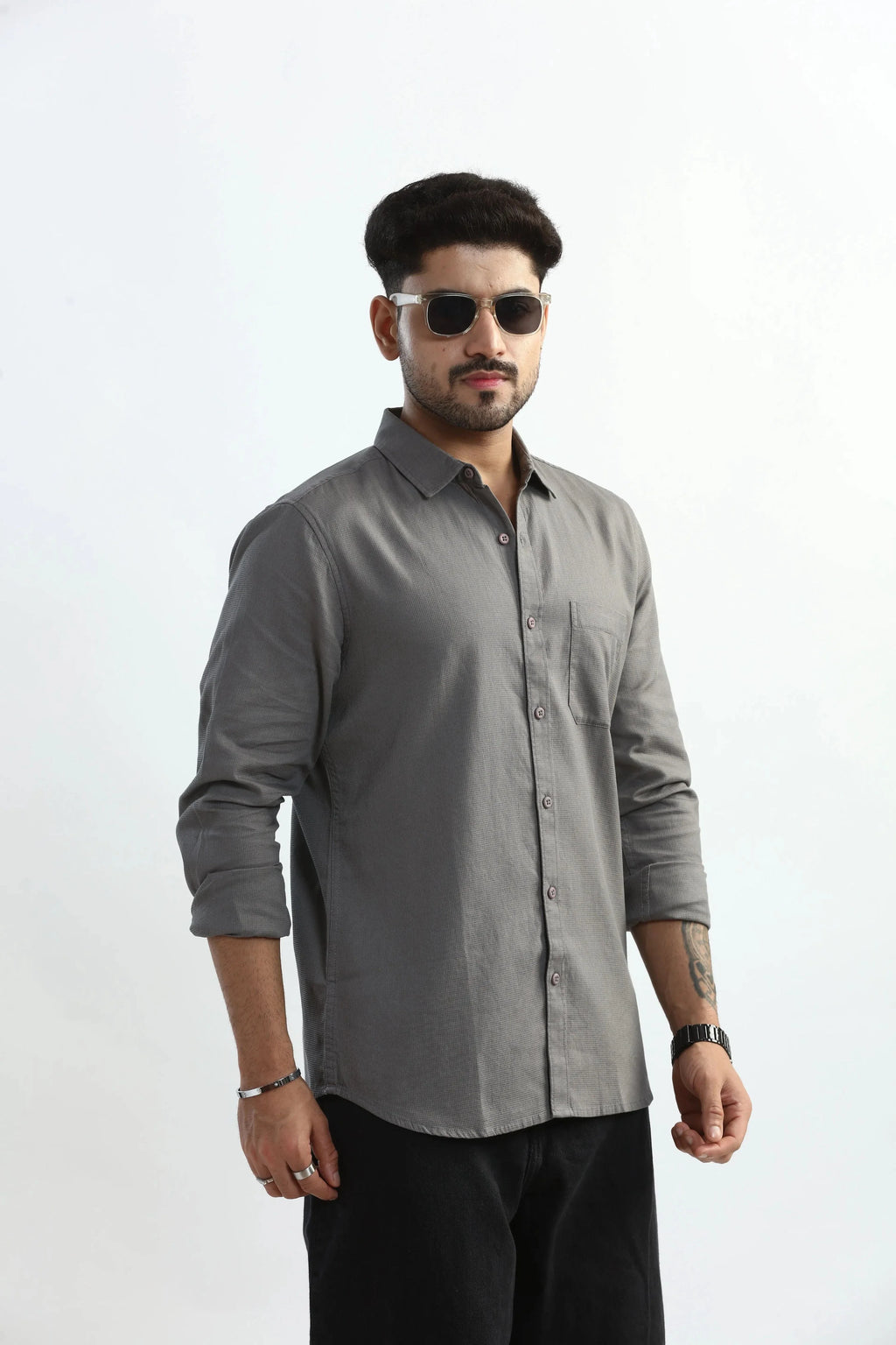Xkind Light Grey Textured Slim Fit Shirt