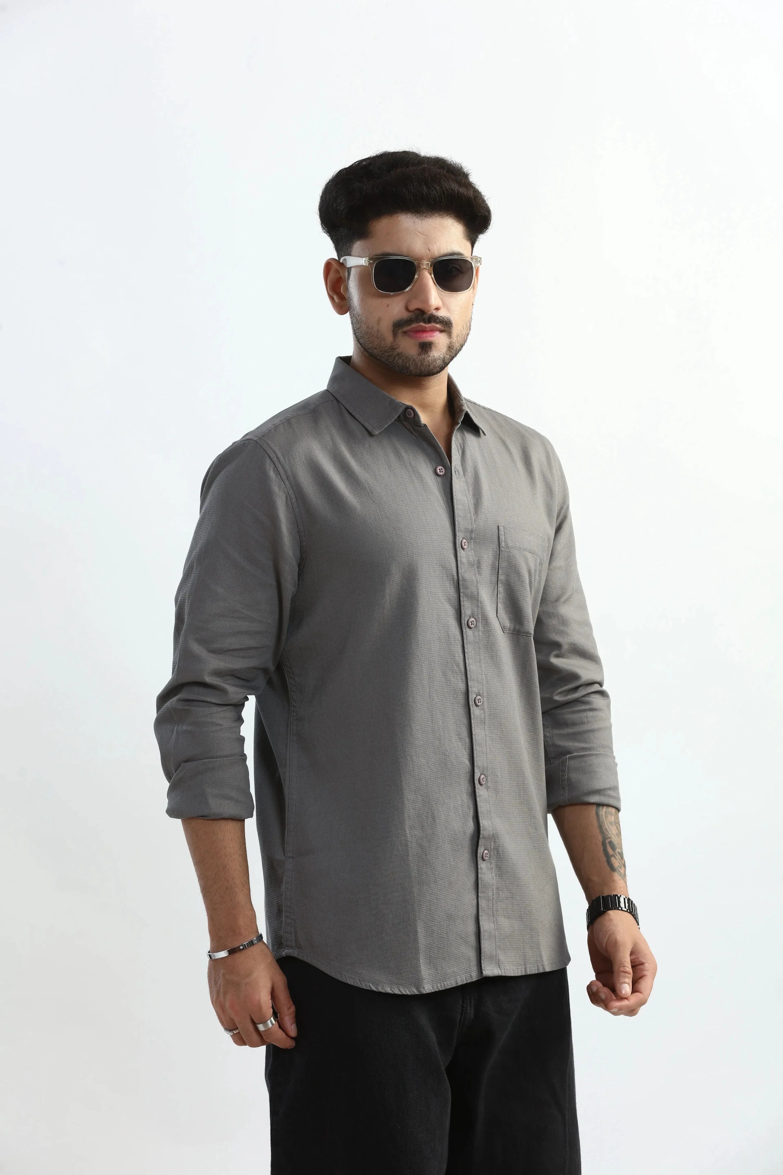 Xkind Light Grey Textured Slim Fit Shirt