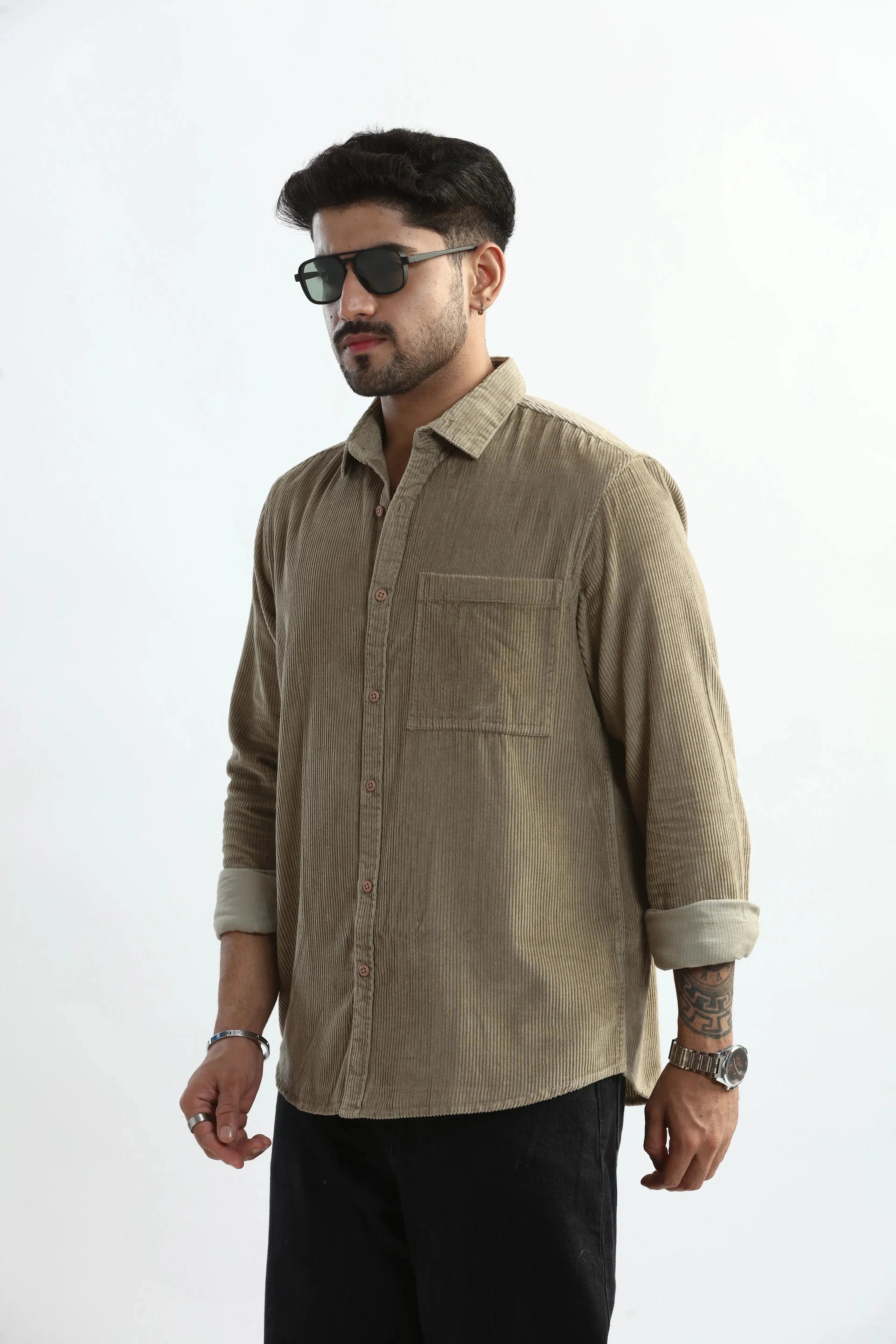 Xkind Men's Beige Corduroy Regular Fit Shirt