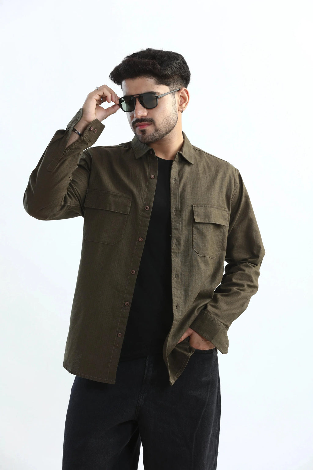 Xkind Dark Olive Green Textured Regular Fit Shirt