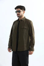 Xkind Dark Olive Green Textured Regular Fit Shirt