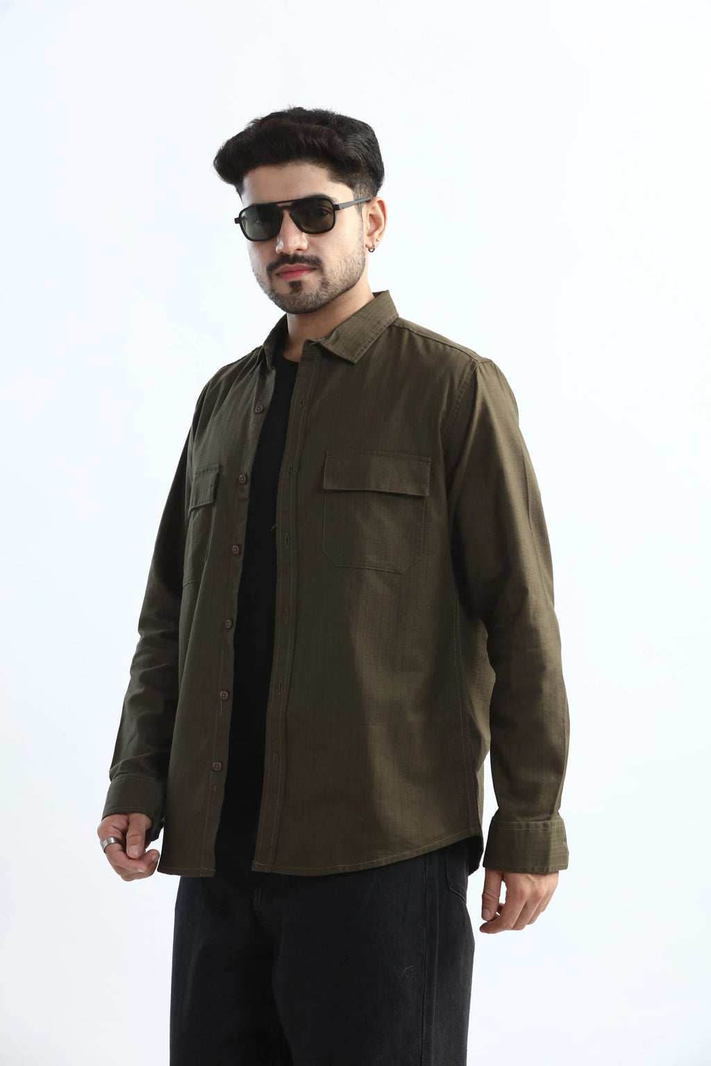 Xkind Dark Olive Green Textured Regular Fit Shirt