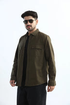 Xkind Dark Olive Green Textured Regular Fit Shirt