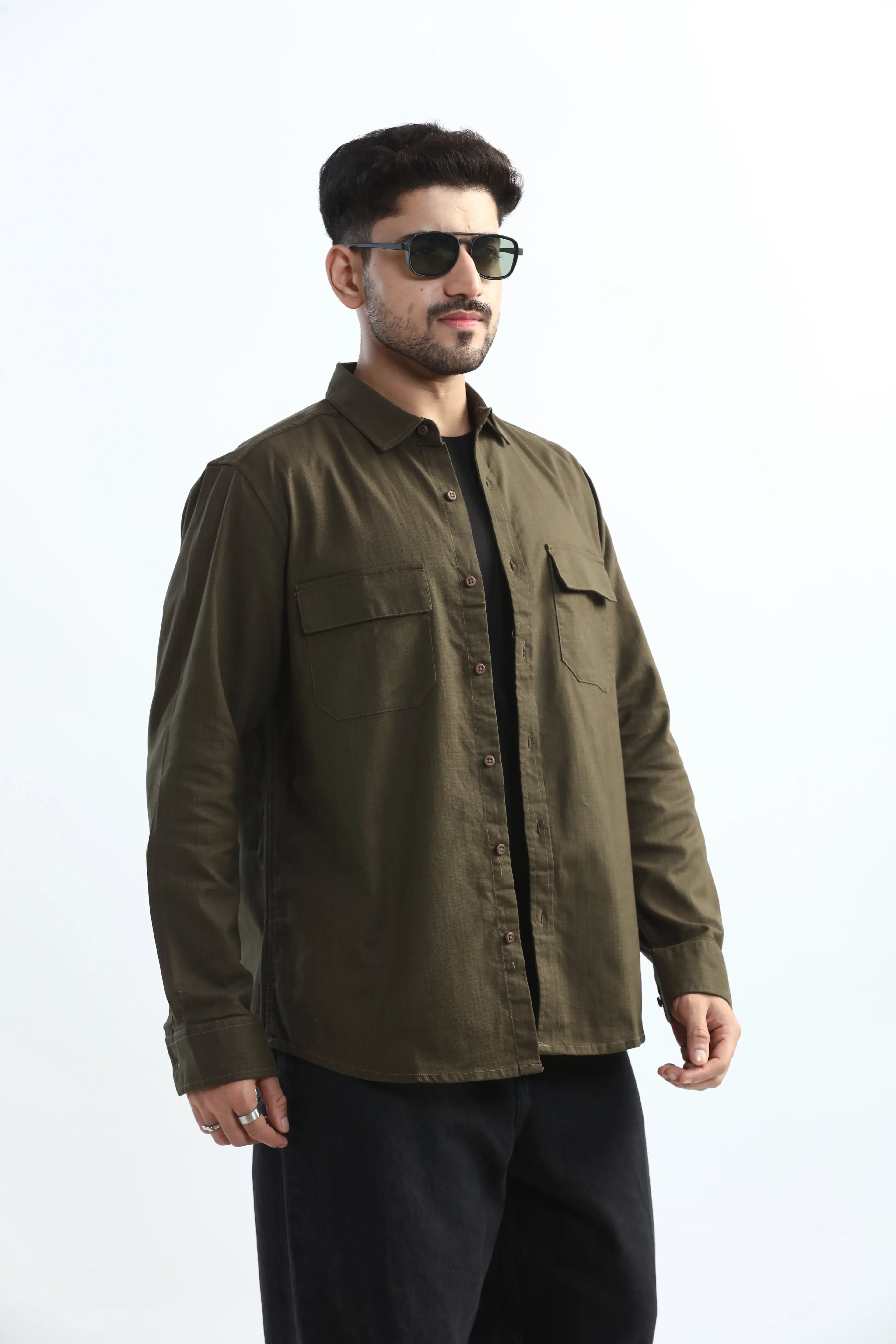Xkind Dark Olive Green Textured Regular Fit Shirt