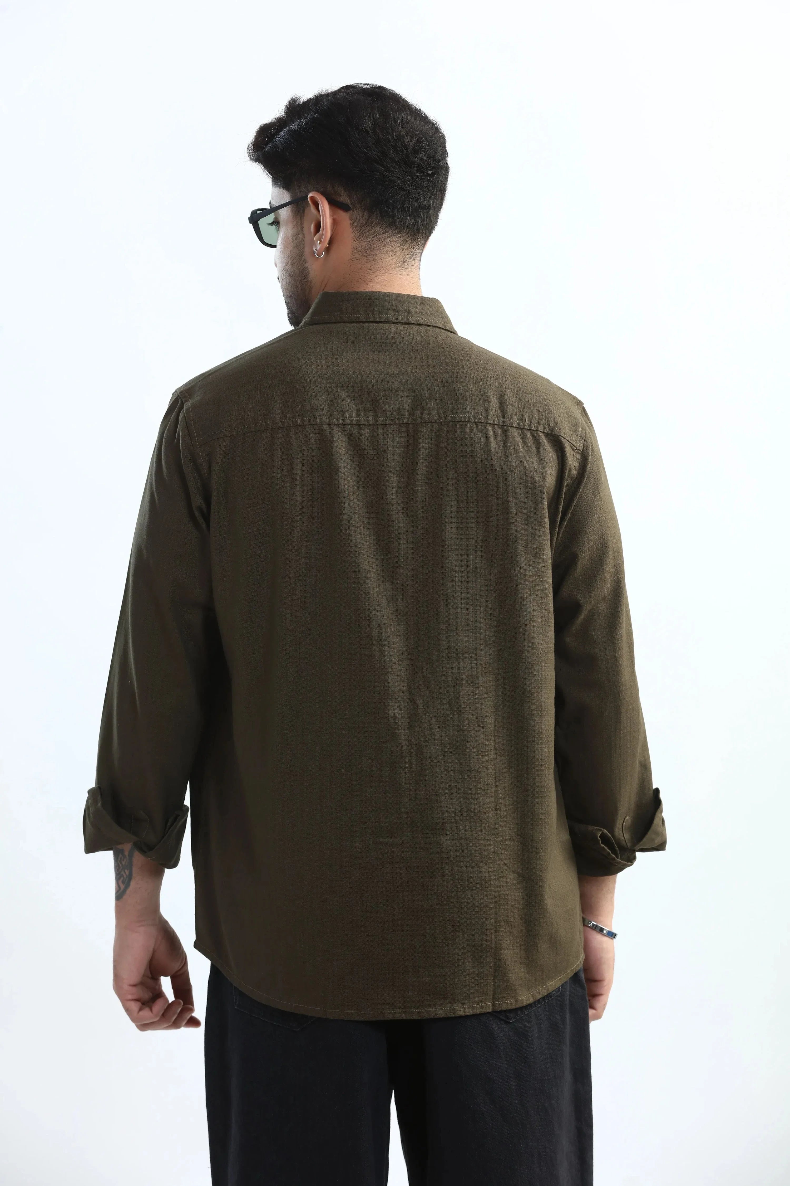 Xkind Dark Olive Green Textured Regular Fit Shirt