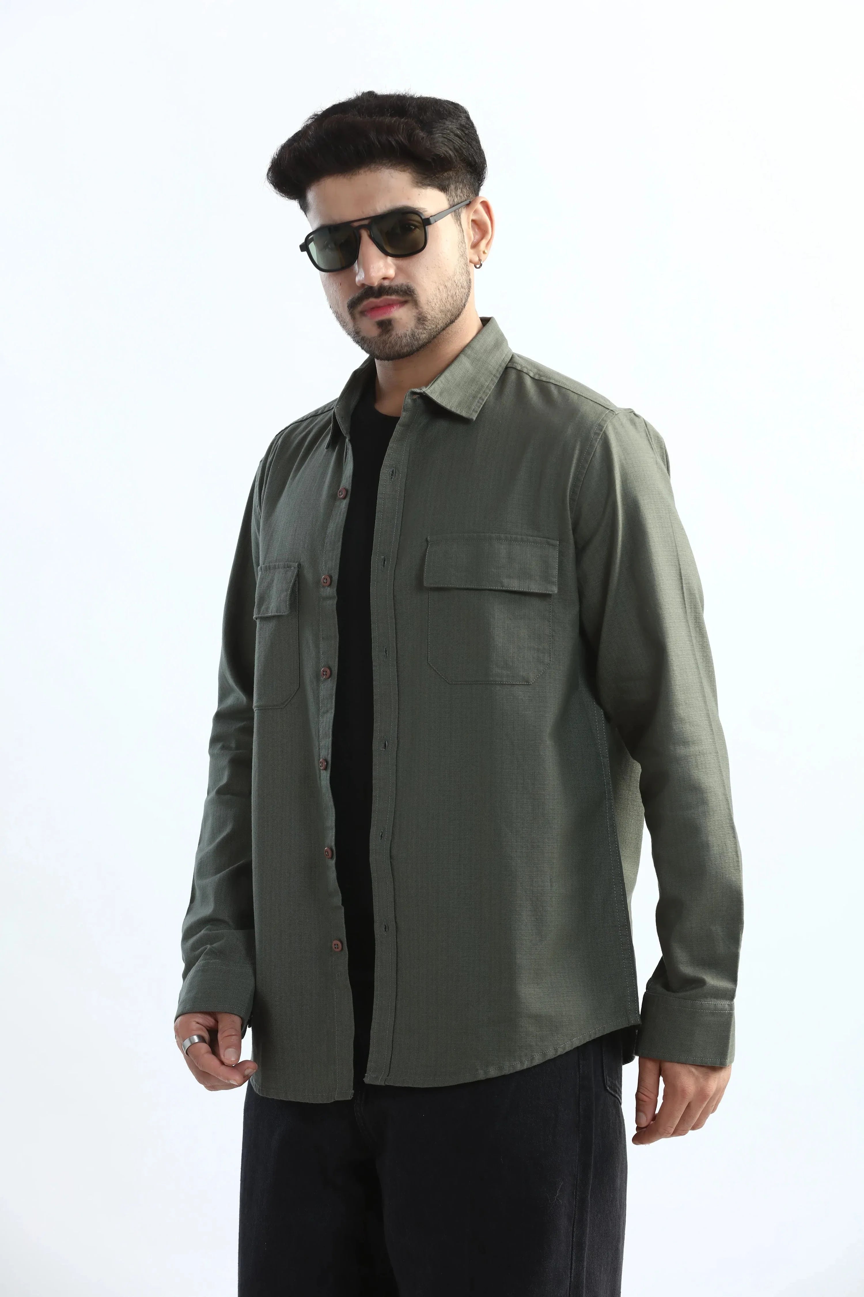 Xkind Dark Green Textured Regular Fit Shirt/ Overshirt